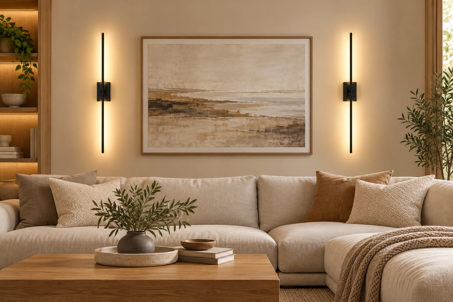 Two matching vertical black rechargeable sconces frame artwork above a living-room sofa.