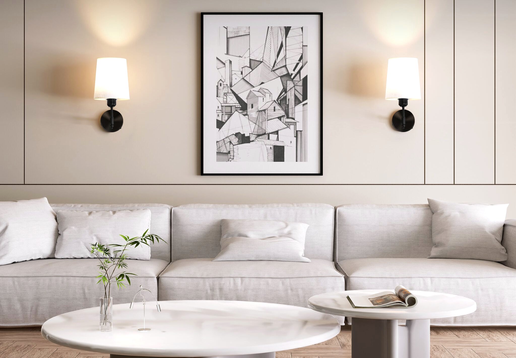 A living room lit by two rechargeable wall sconces