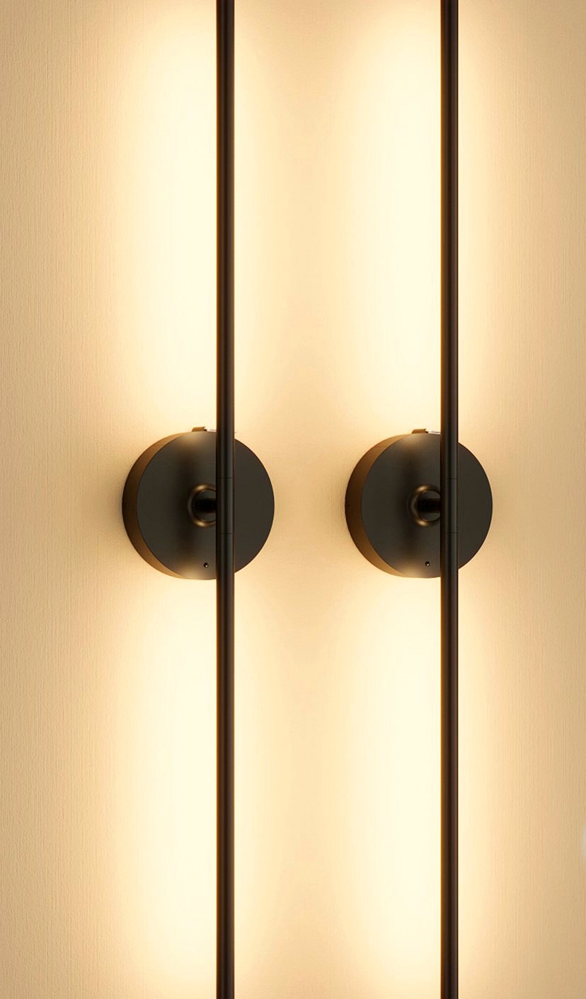 A 31.6 inch rechargeable light bar glowing on a dark wall